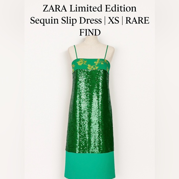 Zara | Dresses | Zara Limited Edition Green Sequin Midi Slip Dress Xs With  Spaghetti Straps | Poshmark